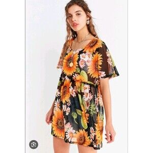 Sunflower Floral Mesh Dress Womens M Black Yellow Sheer Short Sleeve Layered